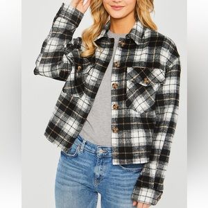 Plaid Button Down Cropped Shacket Black